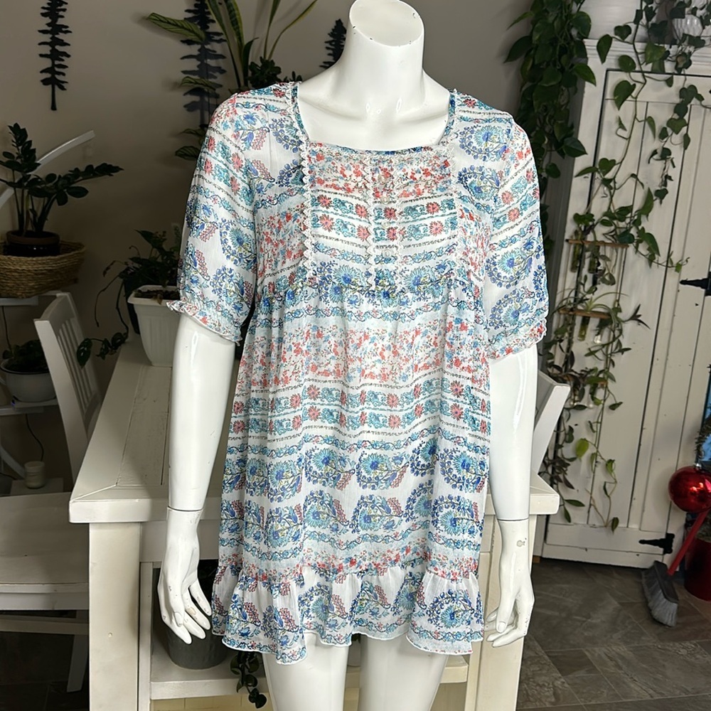 MIGNON L sheer, short sleeve Boho floral bathing suit cover/ dress/ long shirt